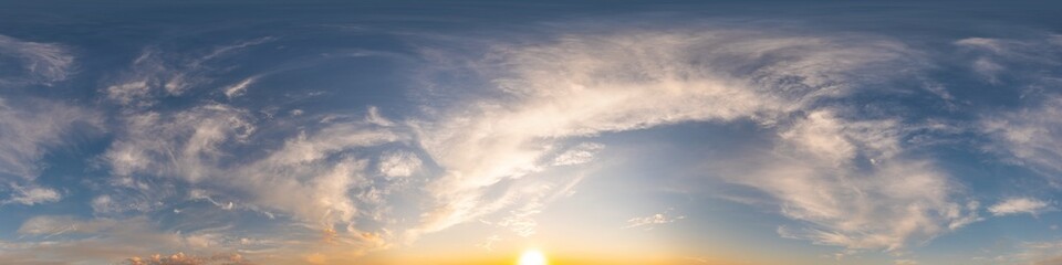 Wall Mural - blue sunset sky panorama with puffy cumulus clouds. seamless hdr pano in spherical equirectangular f