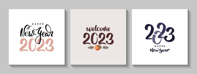 Wall Mural - Set of cards with Happy New Year 2023 handwritten lettering. Square vector illustrations for banner, card, postcard, cover.