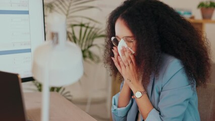 Wall Mural - Businesswoman, sick and blowing nose with cold and sneezing in tissue at office. Black person with allergies, health and infection, working at desk with computer coding or internet research.