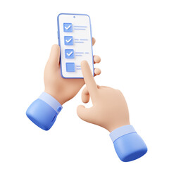 Wall Mural - 3d render smartphone in hands with finger fill online survey or test form on screen. phone and foref