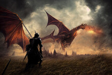 AI Generated Image Of A Large Dragon Breathing Fire And A Heroic Medieval Knight Fighting It. The Epic Battle Between Good And Evil