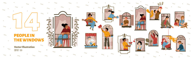 Set of happy people in windows. Flat vector illustration of men, women watering flowers, playing guitar, drinking wine with neighbor, dating, children playing with cat. Good neighborhood and support