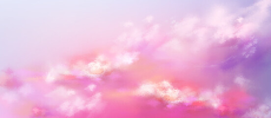 Wall Mural - Realistic sky, pink heaven background. Sunset or sunrise natural cloudscape view with white and lilac soft fluffy clouds. Evening or morning abstract vivid fantasy backdrop, 3d vector illustration