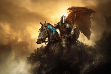 Wall Mural - fantasy medieval knight riding horse  with magical power standing in steel armor 3d graphic illustration