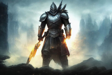 Wall Mural - fantasy medieval knight with magical power standing in steel armor 3d graphic illustration