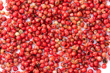 Wall Mural - Pink peppercorns seeds isolated on white background.