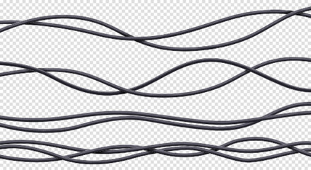 Realistic cables set, black flexible electrical wires with plastic braid isolated on white background. Power or network line, connection and telecommunication equipment, 3d vector illustration