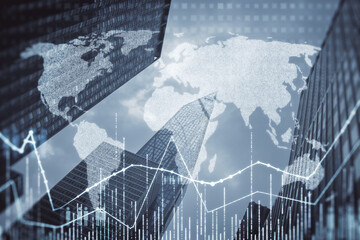 abstract glowing map hologram o blurry city background. digital international network, technology an