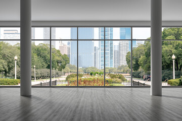 Wall Mural - Downtown Chicago City Skyline Buildings from High Rise Window. Beautiful Expensive Real Estate overlooking. Epmty room Interior Skyscrapers View in Penthouse Cityscape. Day time. 3d rendering.