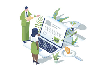 Fototapete - electronic contract web concept in 3d isometric design. people make business deals and sign virtual 