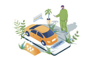 Fototapete - Taxi booking web concept in 3d isometric design. People using taxi application for online rental car. Man passenger waiting yellow auto for delivering to destination. Vector web illustration.