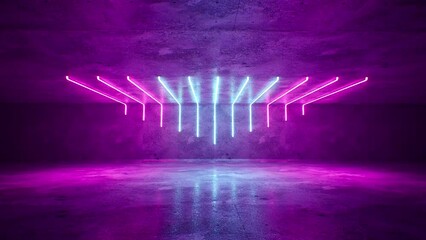 Futuristic Sci Fi Dark Empty Room With Blue And Purple Neon Glowing Line Tubes On Grunge Concrete Floor With Reflections 3D Rendering