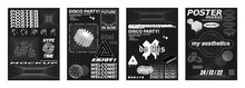 Retro Futuristic Posters Set In Concept Cyberpunk With Figure, Abstract Shapes, 3D Trendy Forms. Acid Digital Graphic Design In Monochrome Style, Minimalist Posters, Flyers, Streetwear. Vector Set	
