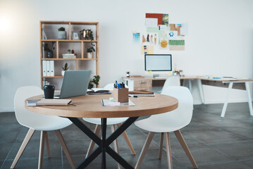 Aufkleber - Empty office, laptop and documents in digital marketing space, advertising startup or creative small business. Furniture, technology and paper research in design workplace with table, desk and chairs