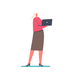 Wall Mural - female character standing with laptop in hands isolated on white background. freelancer, programmer,