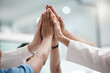 © Wesley J/peopleimages.com - High five, teamwork and doctors hands in collaboration for mission, goal or team building together. Mindset, target or medical group with trust, motivation or support for vision, winning or success.