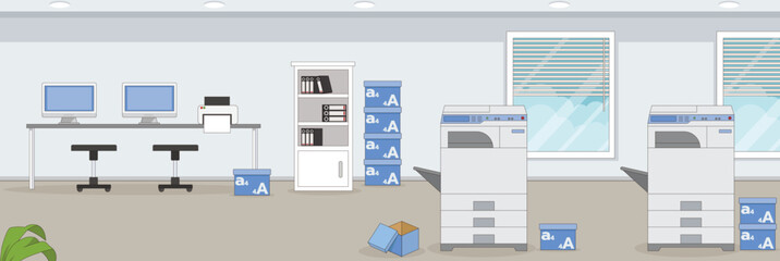 Cute and nice design of photocopy shop with furniture and interior objects vector design