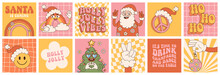 Groovy Hippie Christmas Stickers. Santa Claus, Tree, Smile, Peace, Rainbow In Trendy Retro Cartoon Style. Merry Christmas And Happy New Year Greeting Card, Poster, Print, Party Invitation, Background.