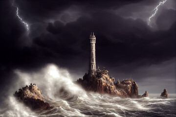  Lighthouse during heavy storm. Digital art