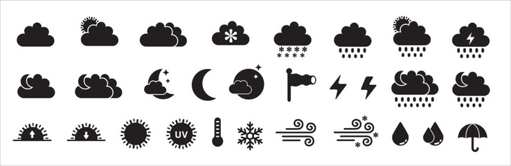 Weather icons. Weather forecast icon set. Simple flat design for application and website button. Contains symbol of sunrise, sunset, sun, moon, rainfall, blizzard, snow, umbrella. Vector illustration