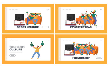 Football Fans Landing Page Template Set. Group of Happy People Cheering for their Favorite Team Vector Illustration