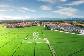 Wall Mural - land plot in aerial view. gps registration survey of property, real estate for map with location, ar
