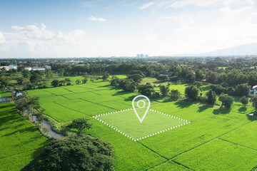 Land plot in aerial view. Identify registration symbol of vacant area for map. That property, real estate for business of home, house or residential i.e. construction, development, sale, rent and buy.