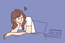Tired Woman Sit In Bed Look At Alarm Ringing Suffer From Fatigue And Exhaustion. Exhausted Female Struggle With Insomnia Unable To Sleep At Night. Vector Illustration. 