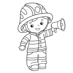 Wall Mural - Coloring Page Outline Of cartoon fireman or firefighter with a megaphone or horn. Profession. Coloring Book for kids.