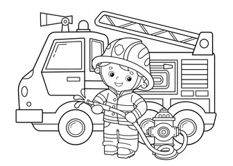 Wall Mural - Coloring Page Outline Of cartoon fire truck with fireman or firefighter. Fire fighting. Professional transport. Coloring Book for kids.