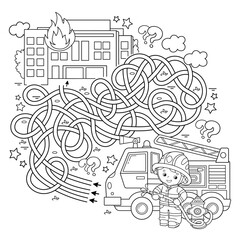 Canvas Print - Maze or Labyrinth Game. Puzzle. Tangled road. Coloring Page Outline Of cartoon fireman or firefighter with fire truck. Fire fighting. Coloring book for kids.