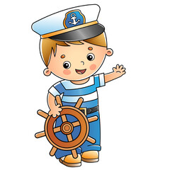 Wall Mural - Cartoon sailor or seaman with steering wheel or helm. Profession. Colorful vector illustration for kids.