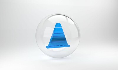 Sticker - Blue Traffic cone icon isolated on grey background. Glass circle button. 3D render illustration