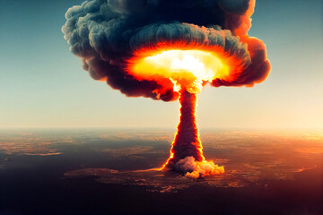nuclear explosion. Atomic mushroom detonation. Aerial view planet earth. Bomb nuke weapon. 3d illustration image.