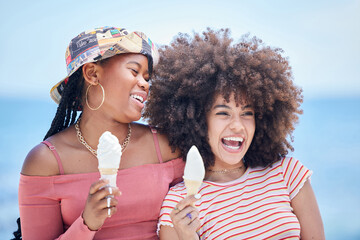 Sticker - Friends, ice cream and happy at beach in summer for vacation, relax or holiday. Black woman, smile and cone for dessert at ocean together in sunshine for fun, happiness and break in Rio de Janeiro