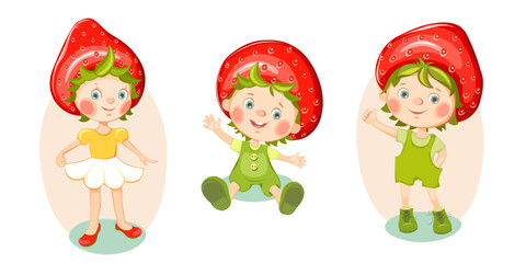 Children in cartoon style, strawberry characters on white background. Cartoon children set vector illustration. 