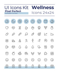 Wall Mural - Health and wellness pixel perfect linear ui icons set. Lifestyle. Physical and mental wellbeing. Outline isolated user interface elements. Editable stroke. Montserrat Bold, Light fonts used