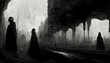 Black and white disappearing shadow city with beautiful architecture and people figures silhouette walking on the street abstract scene apocalyptic cinematic Halloween theme