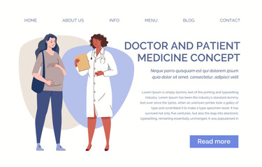 Wall Mural - Pregnant woman visits doctor. Monitoring of maternal and fetal health. Prenatal care and gynecology. Website, template, landing page Vector characters flat illustration.