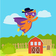 The fabulous hero Puss in Boots. The superhero flies over the farm. Cartoon style illustration