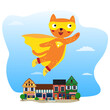 The fabulous hero Puss in Boots. The superhero flies over an old town. Cartoon style illustration