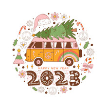 New Year 2023. Christmas Retro Vintage Greeting Card With Hippie Van, Spruce, Santa Hat, Candy Cane, Holly, Snowflake, Peace Symbol In 70s Style. Flat Hippie Vector Illustration.