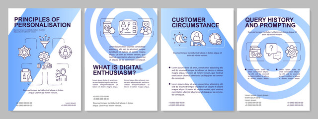 Personalization principles blue gradient brochure template. Customer behavior. Leaflet design with linear icons. 4 vector layouts for presentation, annual reports. Arial, Myriad Pro-Regular fonts used