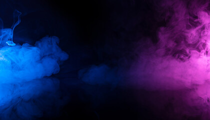 Wall Mural - blue and purple swirly colored smoke clouds flowing on black background with reflection