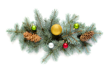 Sticker - christmas decoration with fir branches and toy balls, isolated	