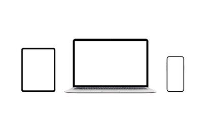 Isolated laptop, tablet and smart phone in front position. PNG transparent