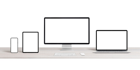Poster - Computer display, laptop, tablet and smart phone on desk isolated. Transparent background and display screen