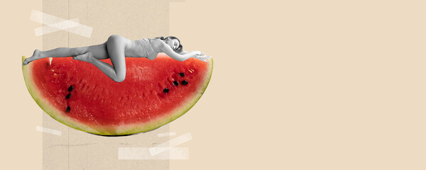 Slim girl lying on big slice of watermelon. Contemporary art collage. Healthy eating for bodies beauty. Body care, eco products, vitamins concept.