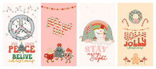 Christmas Groovy Social Media Temlate With Hippie Elements And Charactres. Editable Vector Illustration.