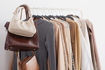 female autumn clothes on hangers  in  white room